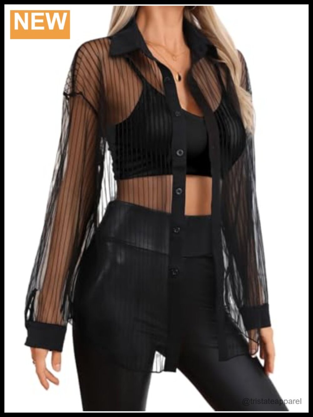 Women's Sheer Oversized Button-Up Blouse Long Sleeve See-Through